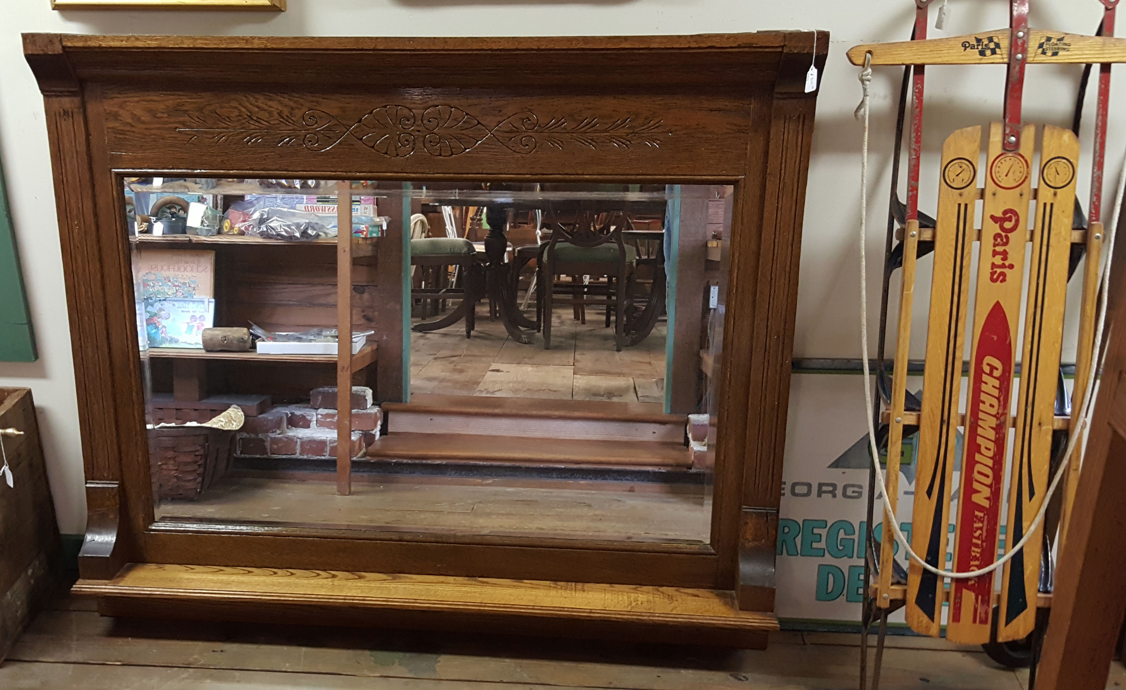 LARGE OAK MIRROR WITH SHELF