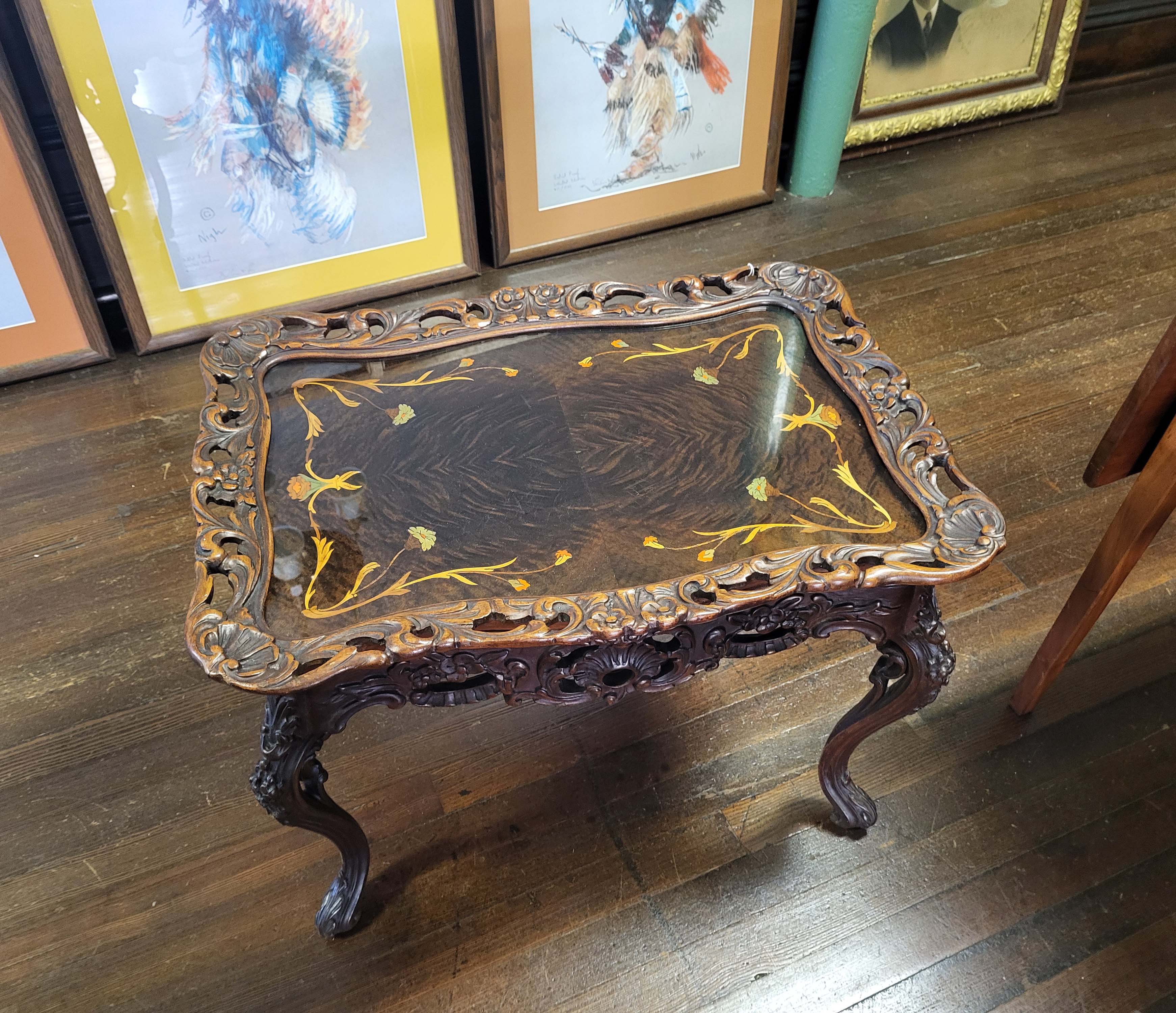 INLAID CARVED TRAY TOP TABLE