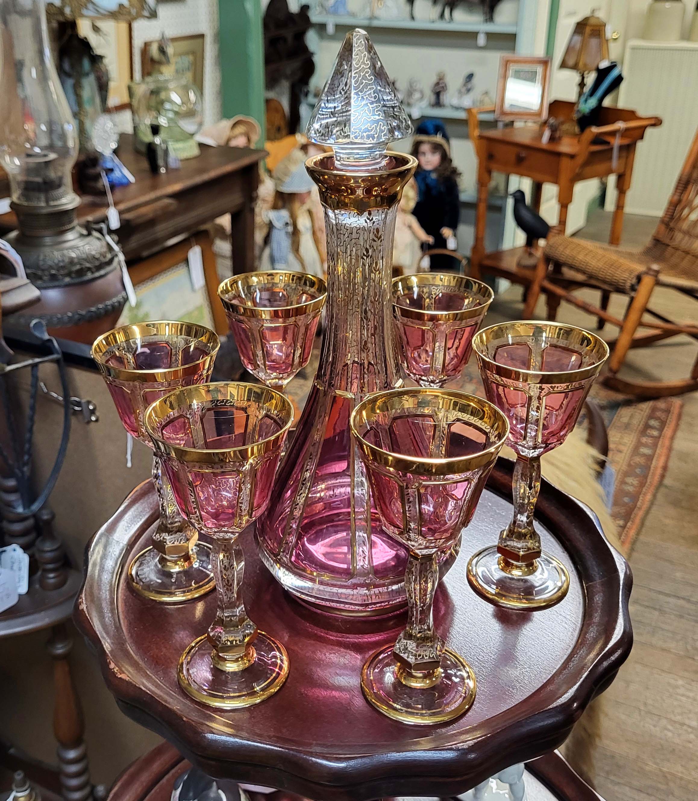 MOSER CRANBERY CABOCHON DECANTER SET